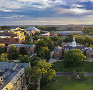 aerial view of UConn's Wilbur Cross and Gampel Pavilion with other buildings